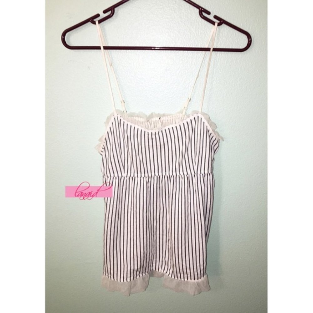 Vertical Striped Navy Lace Mesh Empire Waist Babydoll Flowy Sleeveless Tank Top